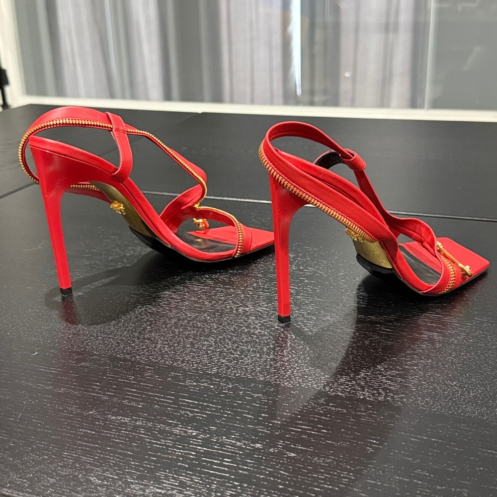 Versace Red Leather Zip Detail Heels | Size 38 | Gold Hardware - Picture 10 of 13